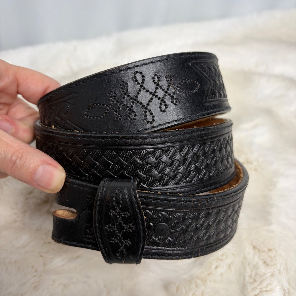 Black Tooled Leather Basketweave Western Belt Made in USA 38 Western Americana